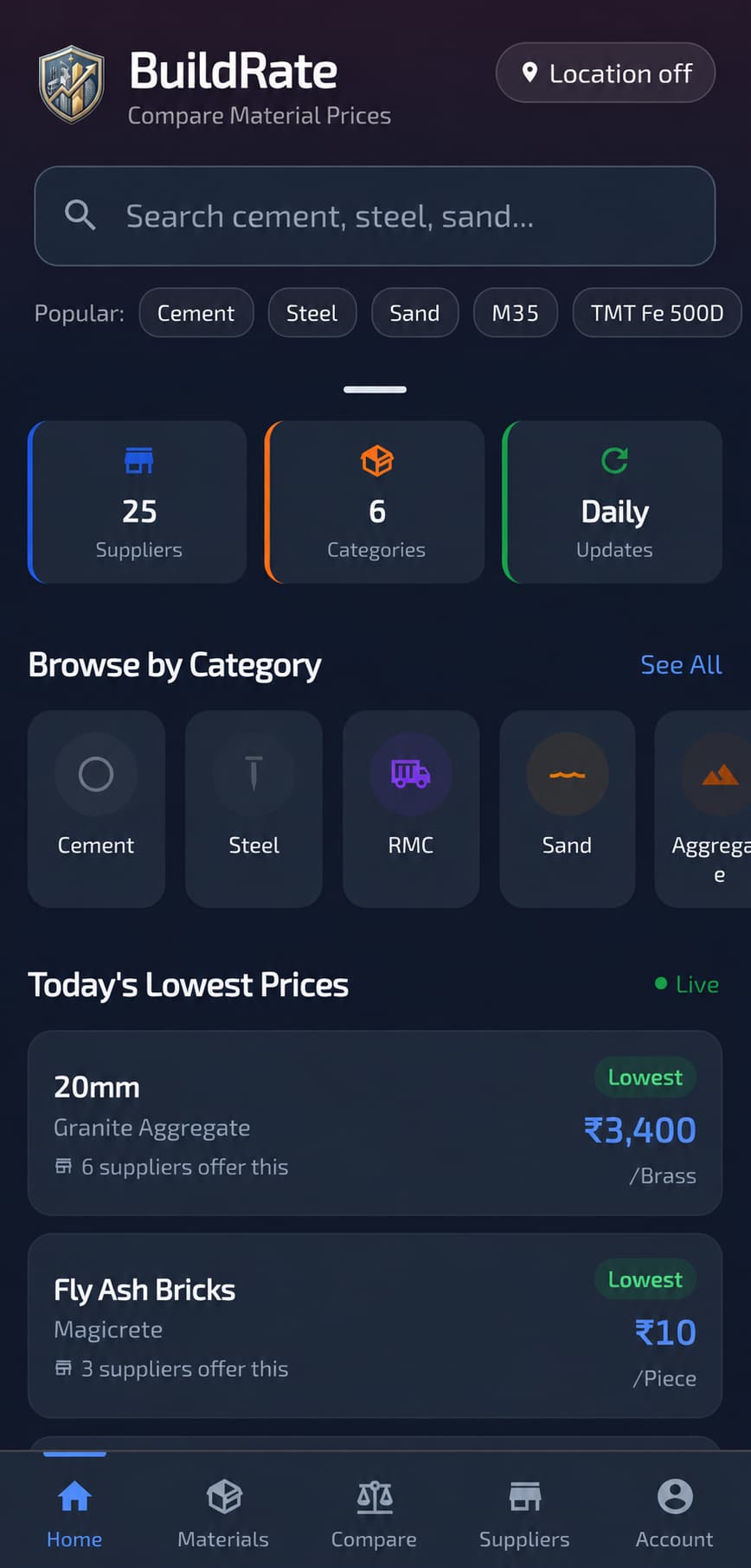 BuildRate Mobile Application Home Screen